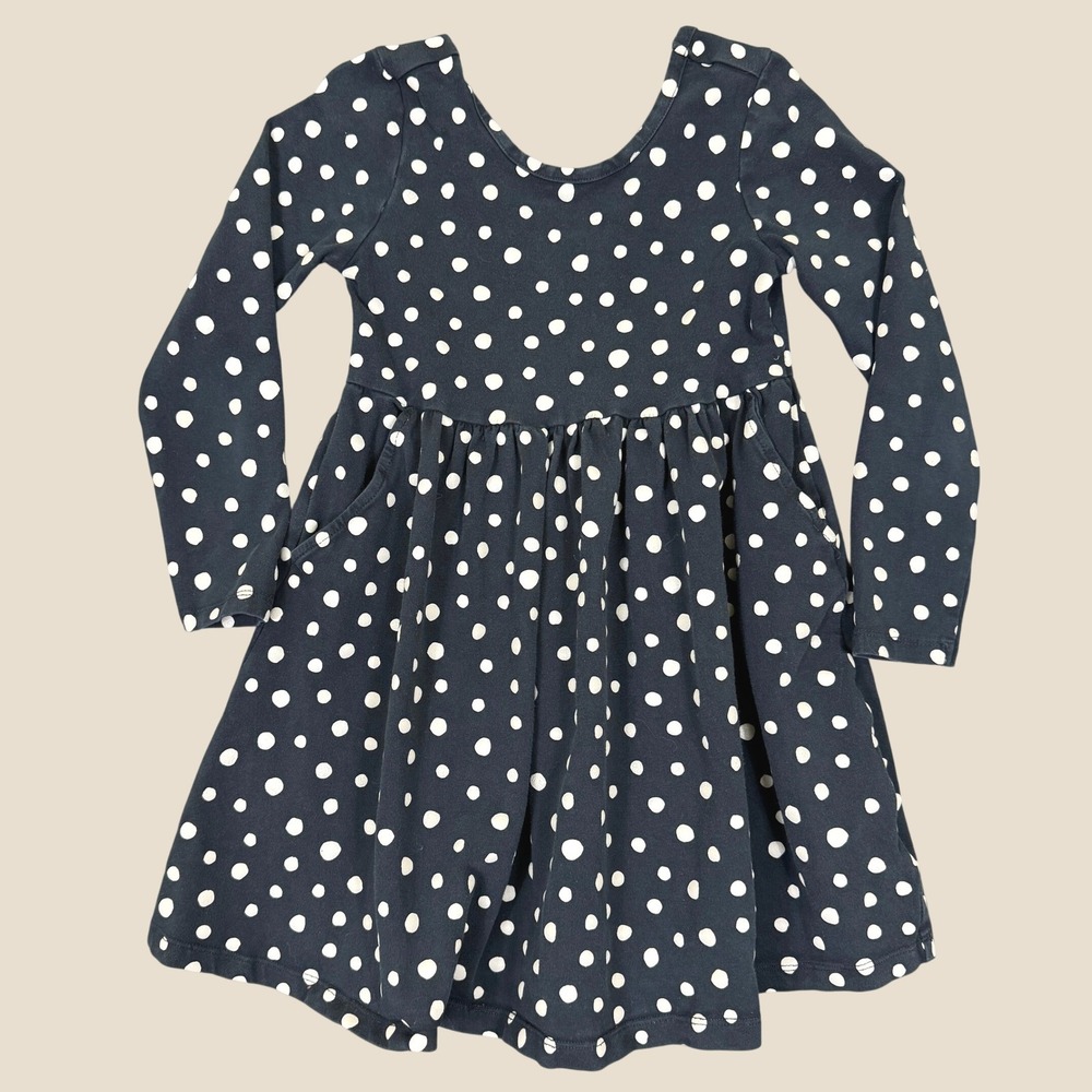 Quince Polka Dot Dress Girls 5T Navy Blue Organic Cotton Long Sleeve Fit Flare